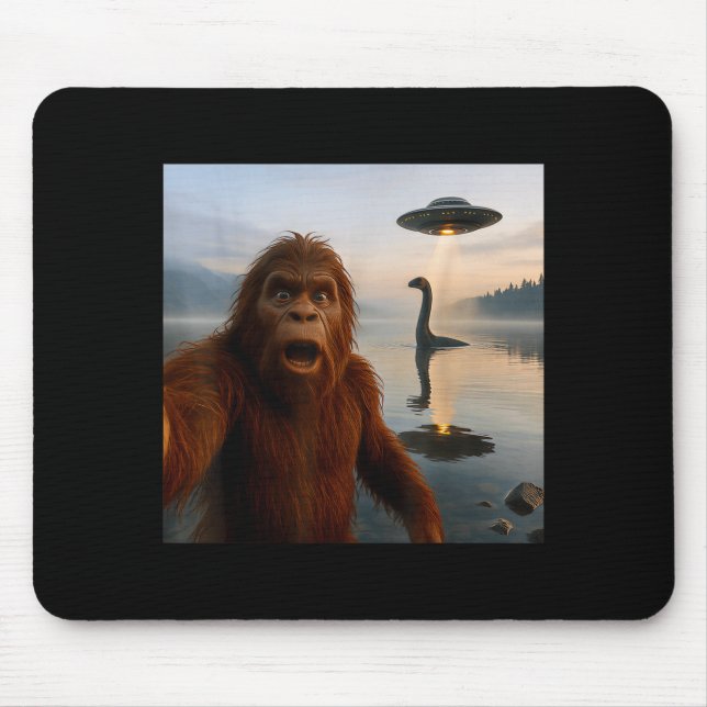 Funny Bigfoot Selfie With Loch Ness Monster And Uf Mouse Mat (Front)