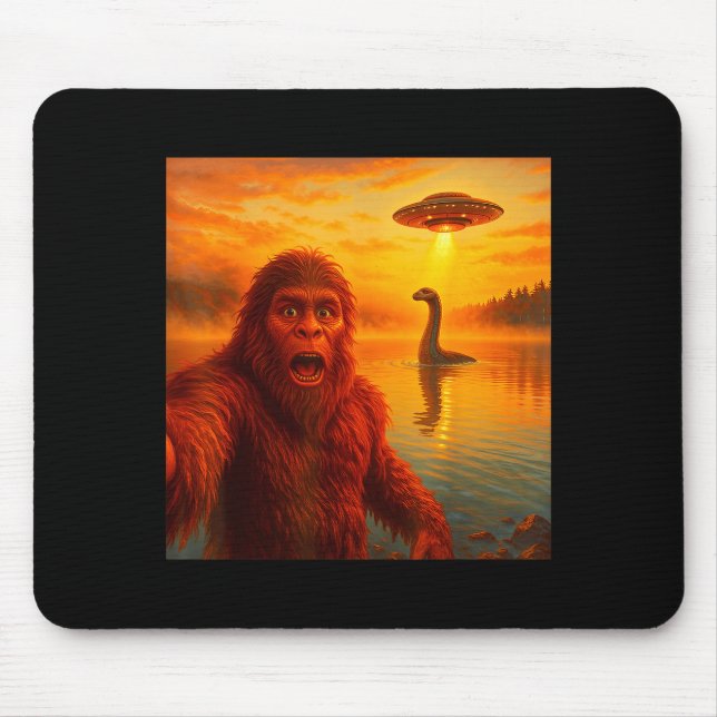 Funny Bigfoot Selfie With Loch Ness Monster And Uf Mouse Mat (Front)