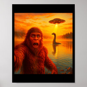 Funny Bigfoot Selfie With Loch Ness Monster And Uf Poster
