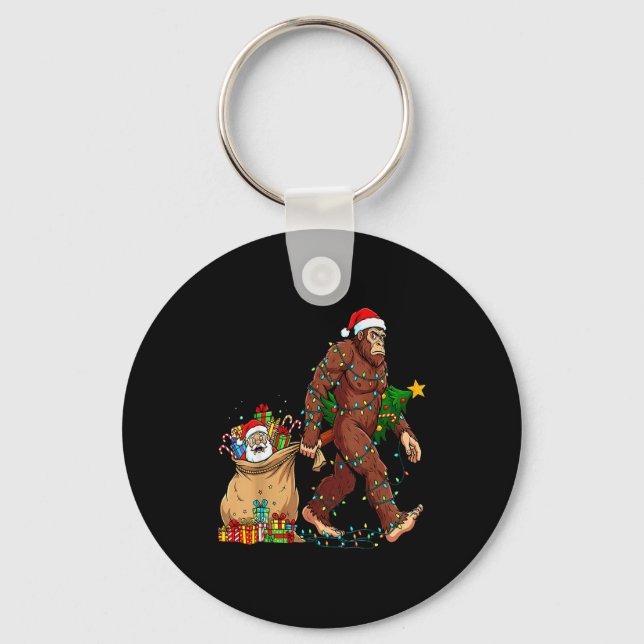 Funny Bigfoot Steals Santa &amp; Xmas Tree - Chris Key Ring (Front)