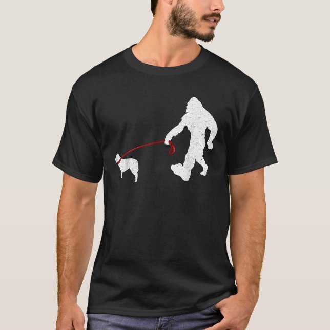 Funny Bigfoot Walking With Australian Shepherd Dog T-Shirt (Front)