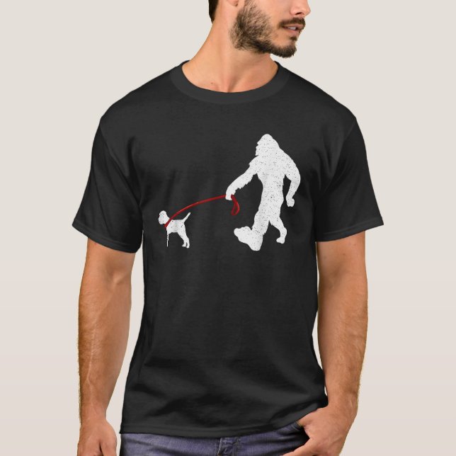 Funny Bigfoot Walking With Border Terrier Dog Gift T-Shirt (Front)
