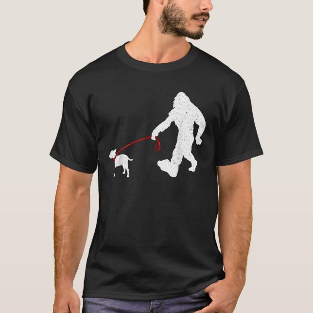 Funny Bigfoot Walking with Bull Terrier Dog  T-Shirt (Front)