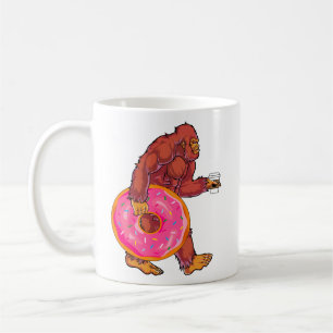 Funny Bigfoot Walking with Large Donut and Coffee Mug