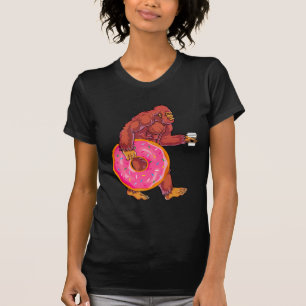 Funny Bigfoot Walking with Large Donut and Coffee T-Shirt