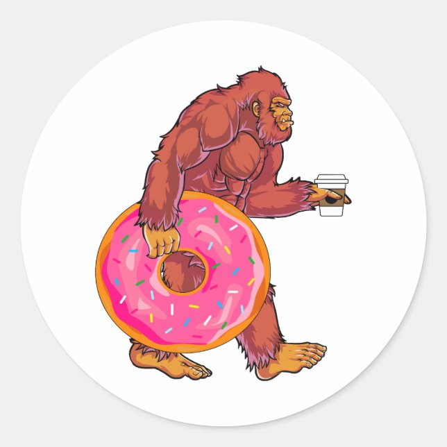 Funny Bigfoot Walking with Large Doughnut and Coff Classic Round Sticker (Front)