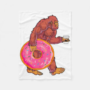 Funny Bigfoot Walking with Large Doughnut and Coff Fleece Blanket