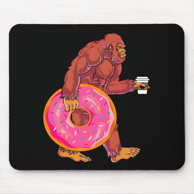 Funny Bigfoot Walking with Large Doughnut and Coff Mouse Mat (Front)