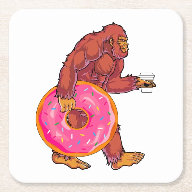 Funny Bigfoot Walking with Large Doughnut and Coff Square Paper Coaster (Front)