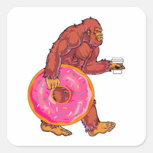 Funny Bigfoot Walking with Large Doughnut and Coff Square Sticker