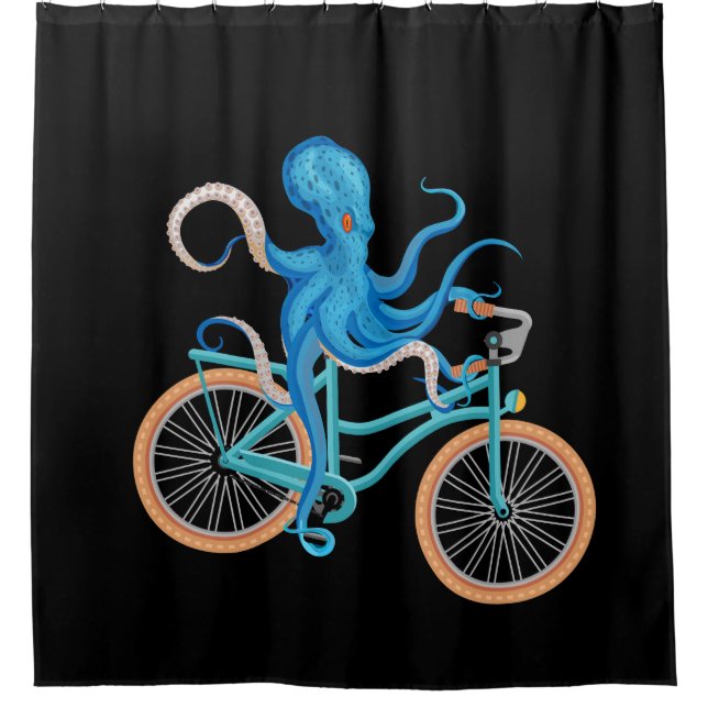 Funny Bike Riding Under The Sea Octopus Black Shower Curtain (Front)