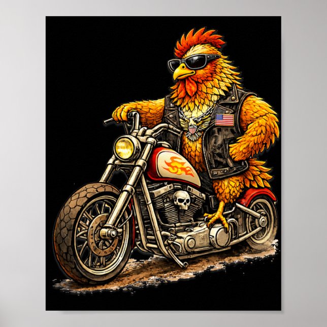 Funny Biker Rooster Design Cool Chicken Motorcycle Poster (Front)