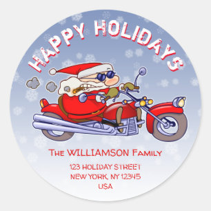 Funny Biker Santa Claus Holiday Return Address Classic Round Sticker