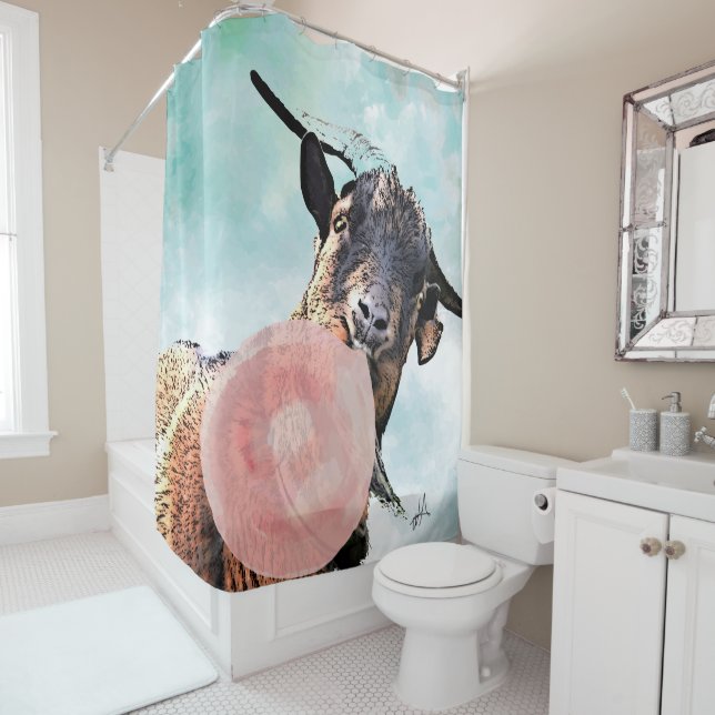 Funny Billy Goat  Bubbles with Bubblegum Shower Curtain (In Situ)