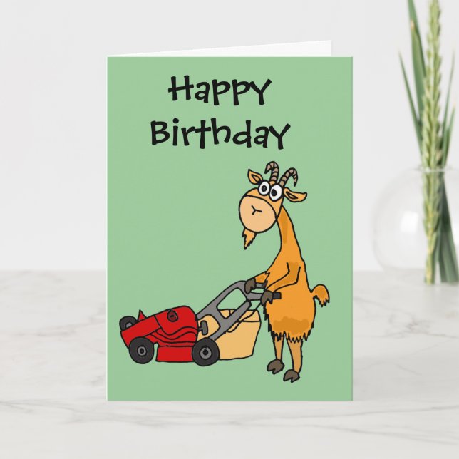 Funny Billy Goat Pushing Lawn Mower Cartoon Card (Front)
