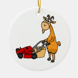 Funny Billy Goat Pushing Lawn Mower Cartoon Ceramic Tree Decoration