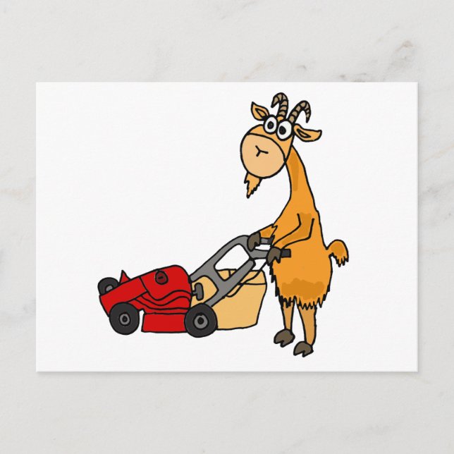 Funny Billy Goat Pushing Lawn Mower Cartoon Postcard (Front)