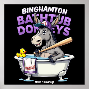 Funny Binghamton Baseball Bathtub Donkey Vintage Poster