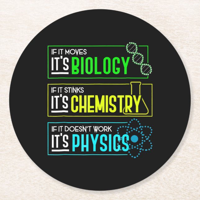 Funny Biology Chemistry Physics Science Nerd Round Paper Coaster (Front)