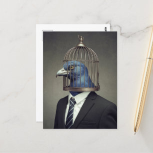 Funny Bird in a Business Suit With a Cage Head Postcard