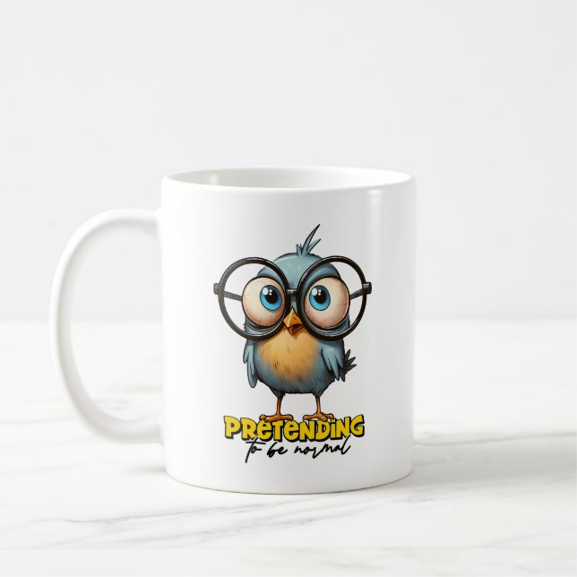 Funny Bird Pretending to be Normal Typography  Coffee Mug (Left)