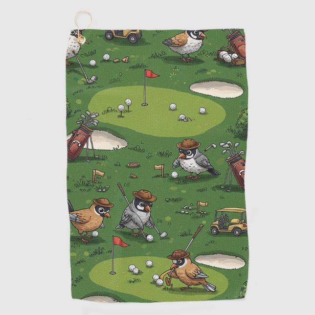 Funny Birdie Golfers in Vintage Scene Golf Towel (Front)