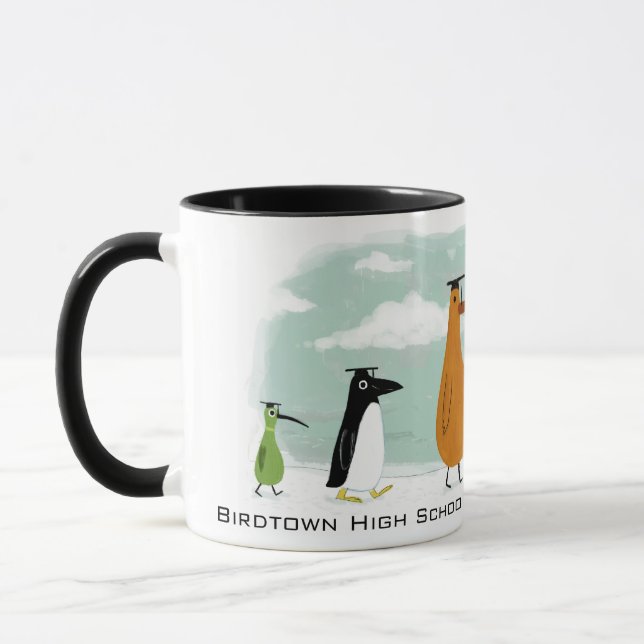 Funny Birds Graduation Procession with Custom Text Mug (Left)