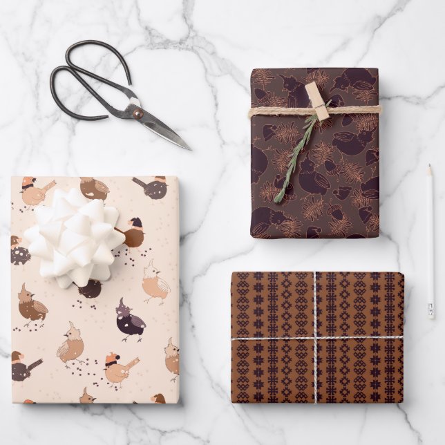 Funny birds with hats and Christmas ornaments on Wrapping Paper Sheet (Front)