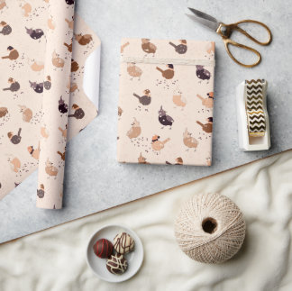 Funny birds with hats, stars, berries wrapping paper