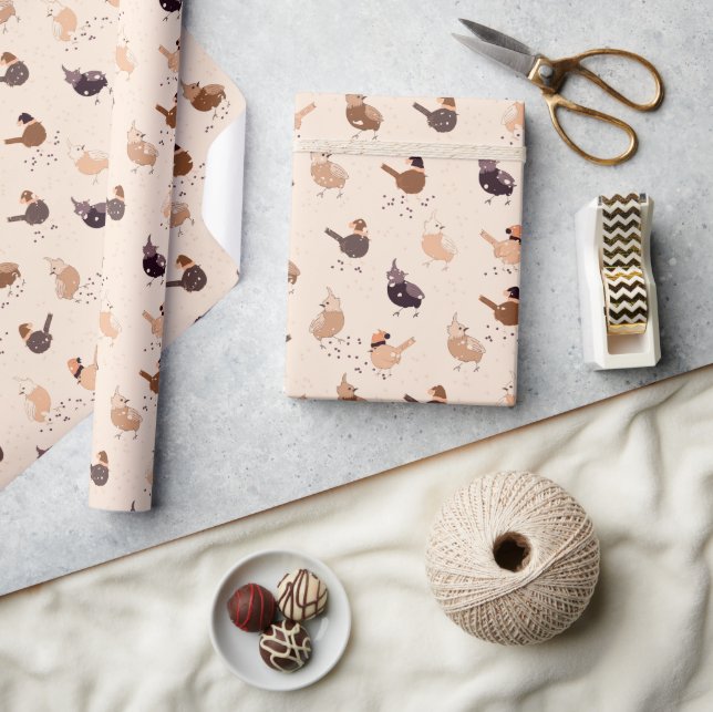 Funny birds with hats, stars, berries wrapping paper (Crafts)