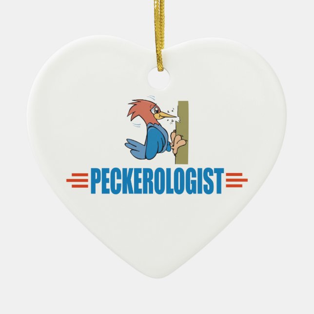 Funny Birdwatching Woodpecker Ceramic Tree Decoration (Front)
