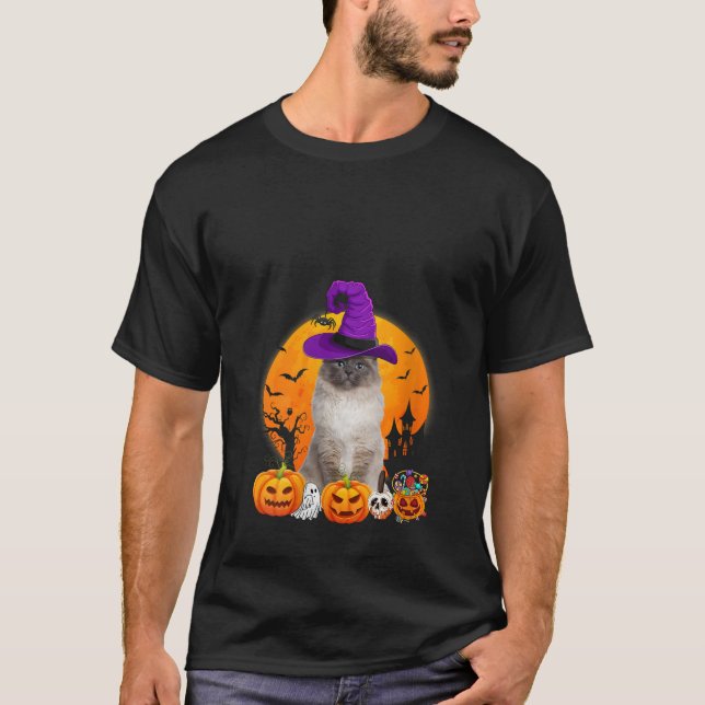 Funny Birman Cat Halloween Witch Pumpkin V Neck T-Shirt (Front)