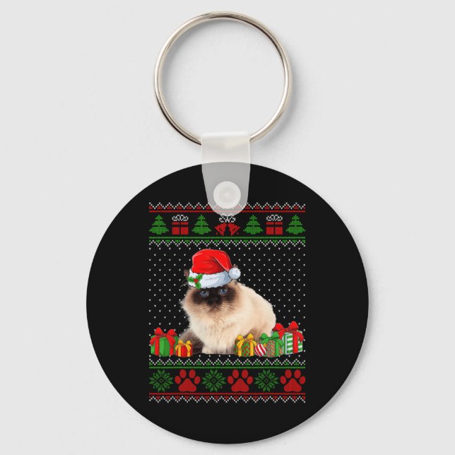 Funny Birman Cat Santa Hat Ugly Christmas Sweater  Key Ring (Front)