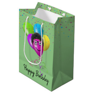 Funny Birthday Balloon Face on Green Medium Gift Bag