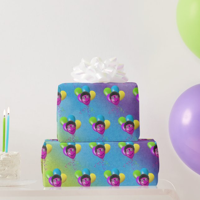 Funny Birthday Balloon Face on Rainbow Wrapping Paper (Party Gifts)