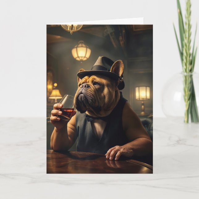 Funny Birthday Bulldog Holding a Whiskey Card (Front)