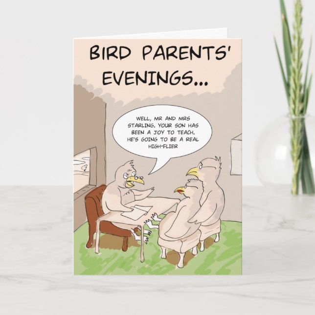 Funny Birthday Card: Bird Parents' Evening Card (Front)