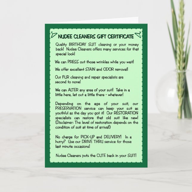 Funny Birthday Card:  Birthday Suit Cleaning Card (Front)