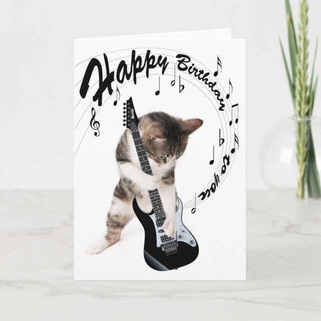 Funny birthday card cat with guitar (Front)