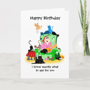 Funny Birthday card- catlady and cats cartoon Card
