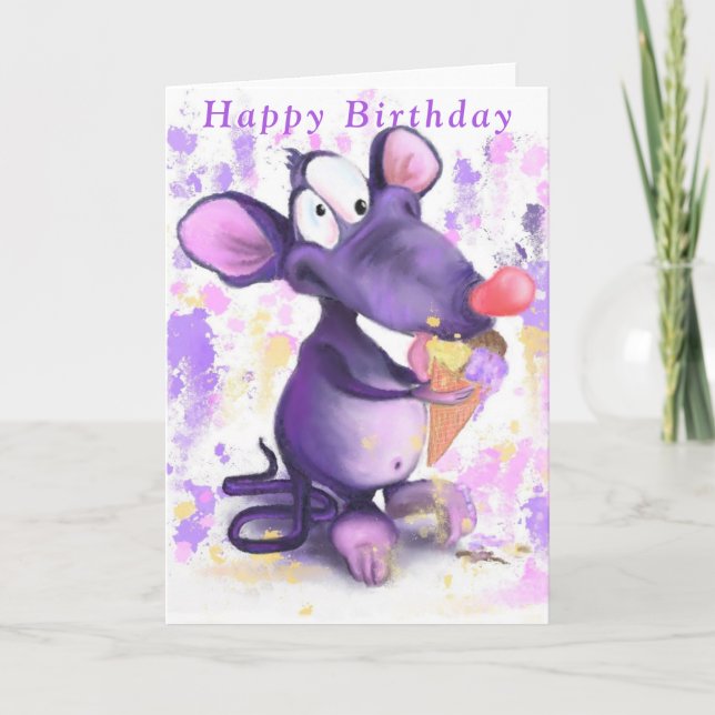 Funny Birthday Card Happy Mouse Eat Ice Cream (Front)