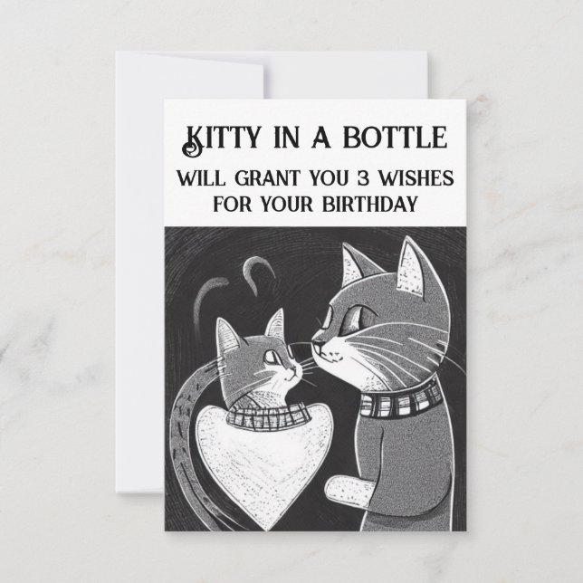 Funny birthday card Kitty in a bottle wishes (Front)