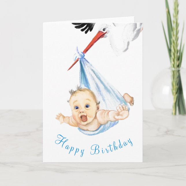 Funny Birthday Card Stork Carrying Baby (Front)