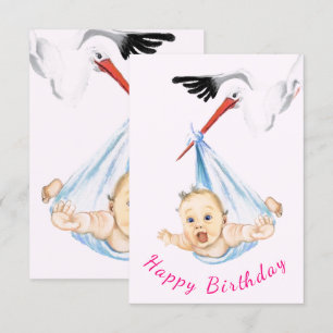 Funny Birthday Card Stork with Baby - Customisable
