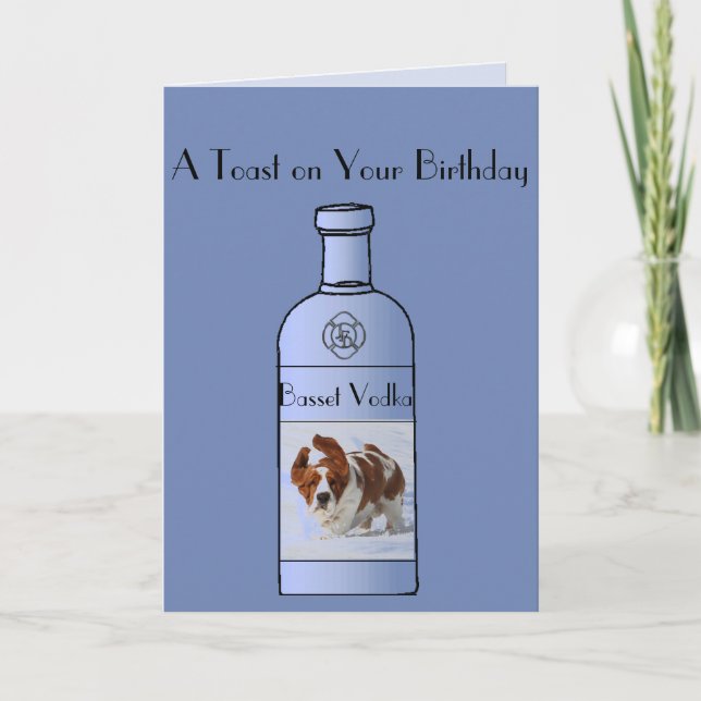 Funny Birthday Card w/Cute Basset and Vodka (Front)