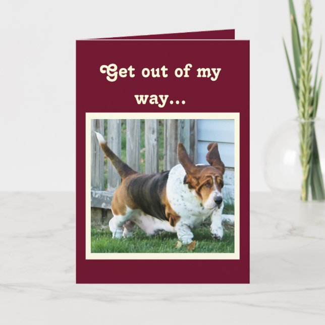 Funny Birthday Card w/Cute Basset Hound and Cake (Front)