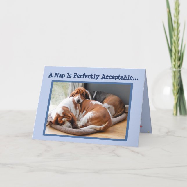 Funny Birthday Card w/Cute Napping Basset Hounds (Front)