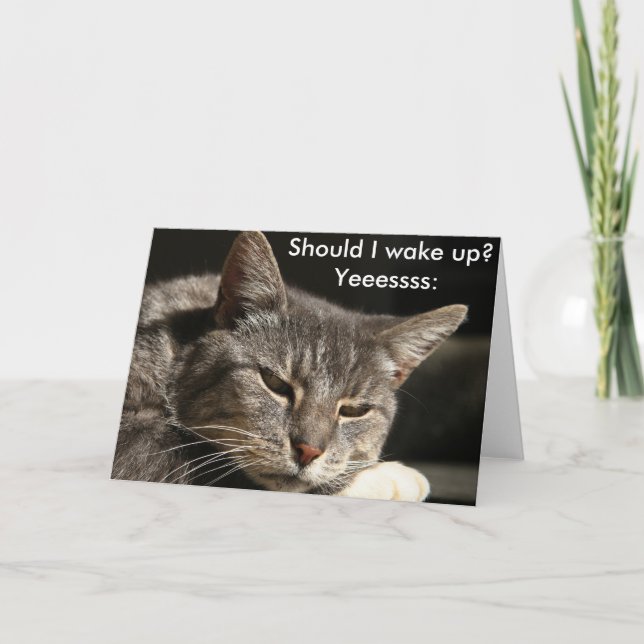 Funny birthday card with cat: Should I wake up? (Front)