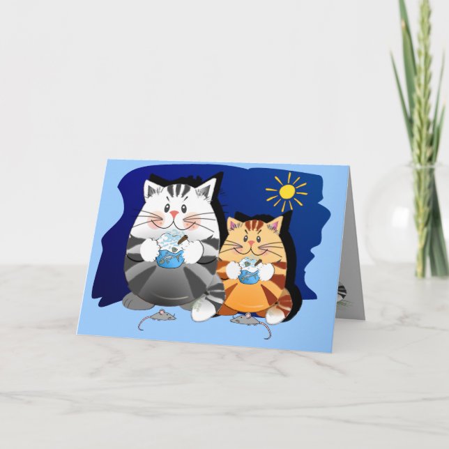 Funny Birthday card with cats eating cupcakes (Front)