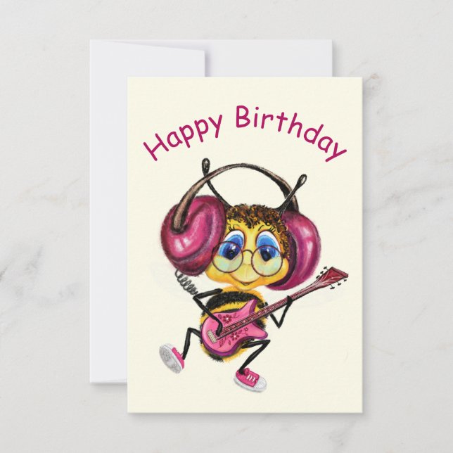 Funny Birthday Card with Guitar Player Bee (Front)